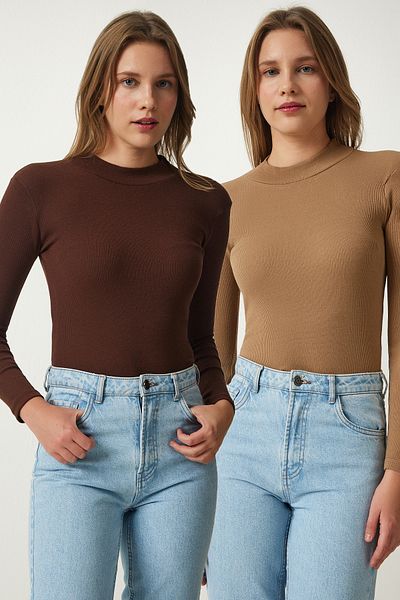 Happiness İstanbul Braune Biscuit-Strickbluse mit Rollkragen im 2er-Pack für Damen GT00053