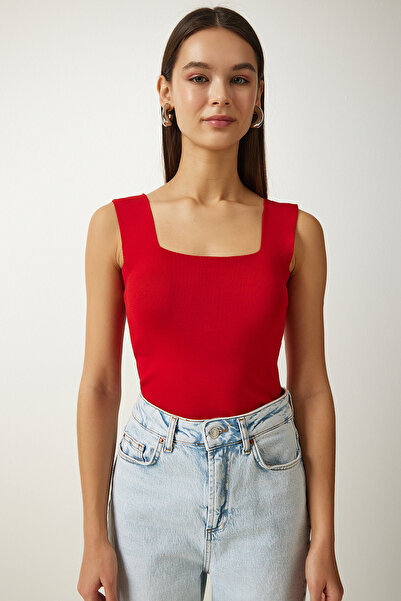 Happiness İstanbul Női Vörös tér galléros kötöttáru Crop blúz US00358