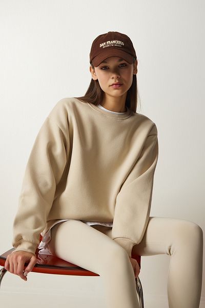 Happiness İstanbul Cremefarbenes Basic-Sweatshirt für Damen OW00001