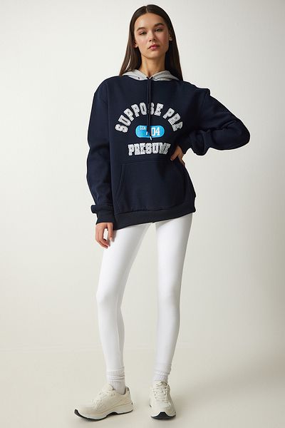 Happiness İstanbul Marineblaues Damen-Sweatshirt mit Kapuze und Roségold-Aufdruck OW00003