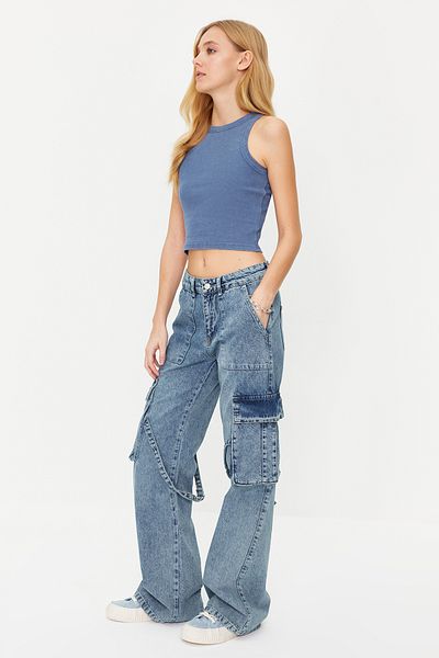 Trendyol Collection Blue Cargo Pocket High Waist Wide Leg Jeans TWOSS24JE00101