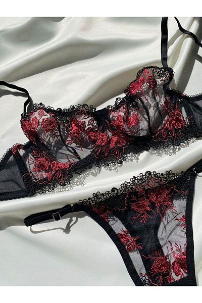 ARONA Комплект сутиен с банели Sirius Lingerie Arona с дантела и флорална бродерия в черно и червено