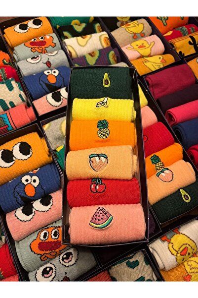 NOMADSOCKS Unisex Renkli Meyve Nakışlı Çorap Kutusu 6'li set