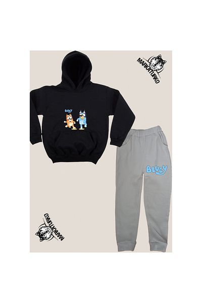 MarkaTurko BLUEY printed unisex Special Design Βαμβακερό μαύρο-γκρι παιδικό αθλητικό σετ 777-28