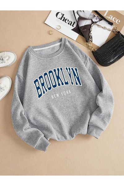 AEMİ Унисекс суитшърт с овална яка и щампа Brooklyn