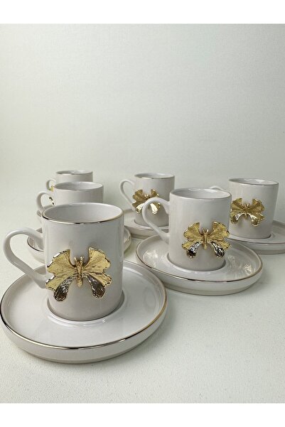 WERONY طقم فناجين قهوة من البورسلين مع زخرفة ذهبية على شكل فراشة
