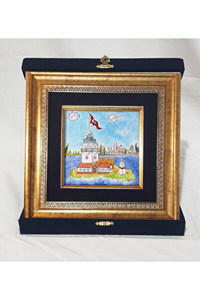 Kadife Kutulu Kız Kulesi Çini Çerçeveli Dekoratif Duvar Tablosu El Yapımı 28x28 Cm