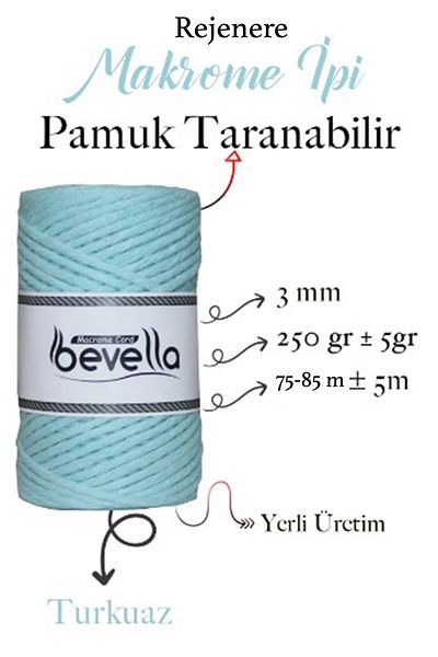Bevella Macrame Cord Macrame Thread 3 Mm Scannable 1 Piece 250 gr Turquoise