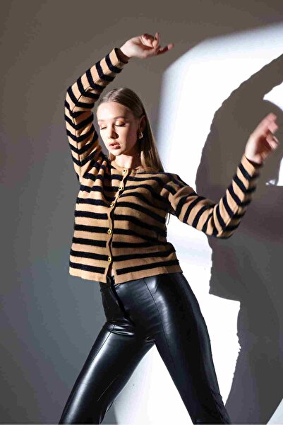 Jose Clothing Premium Collection Black Brown Striped Gold Button Detail Furry Knitwear Cardigan