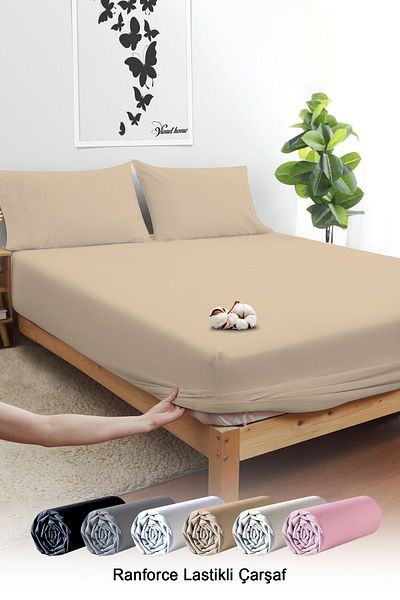 Vionel Home Beige Cotton Ranforce Single Double Elastic Sheet 2 Pillowcases