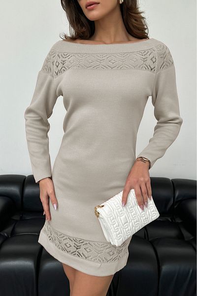AQE FASHION Γυναικείο πλεκτό φόρεμα με λαιμόκοψη με δαντέλα με λεπτομέρεια από πέτρα