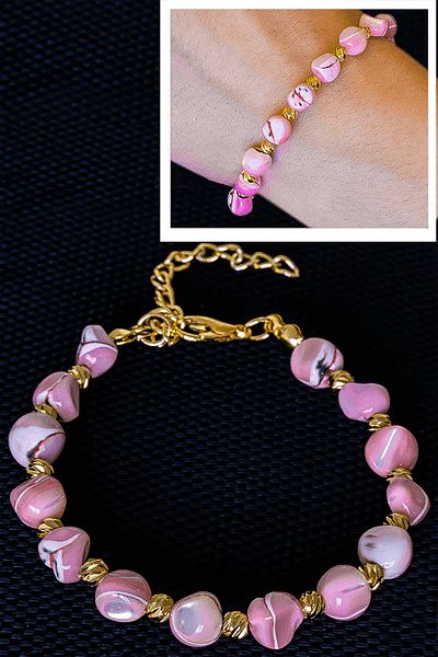 Tesbih Atölyesi Certified Pink Mother of Pearl Stone Bracelet - Adjustable