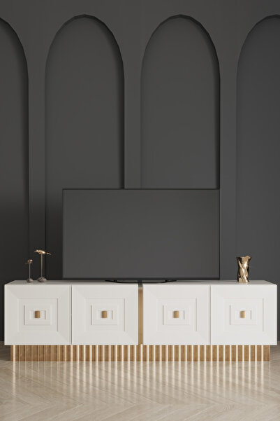 Modalife 4 Kapaklı 204x48 cm Tv Sehpası - Beyaz&Gold