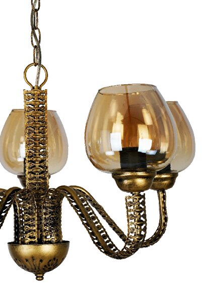 VENON AYDINLATMA 5 Lİ SİYAH SARI PATİNE BAL CAMLI AVİZE