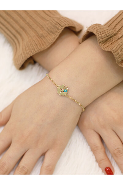 Zeynepli gold & jewelry 14 Ayar Altın Turkuaz Mineli Kalpli Yonca Bileklik