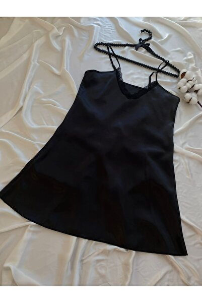 lenastella Siyah Dantel Yaka Askılı Saten Gecelik