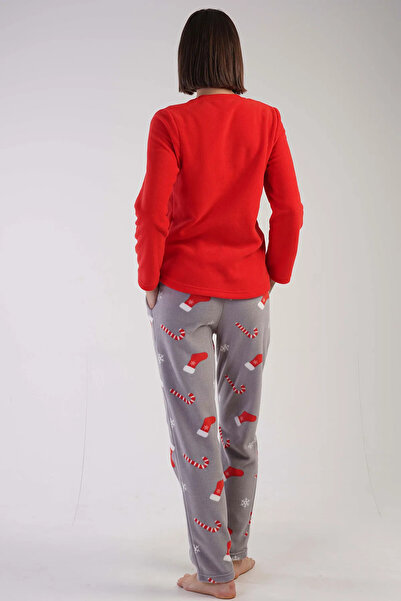 Vera Tarz Polar Yeni Yıl Kırmızı Gri - Uzun Kollu Pijama Takımı
