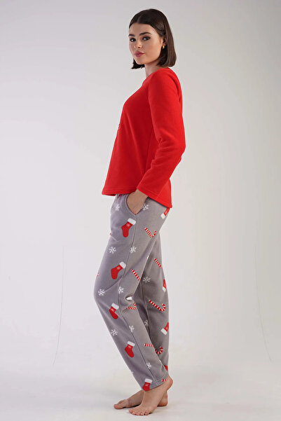 Vera Tarz Polar Yeni Yıl Kırmızı Gri - Uzun Kollu Pijama Takımı
