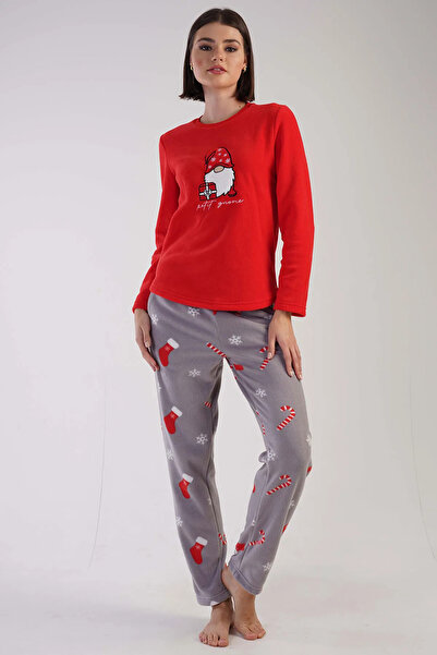 Vera Tarz Polar Yeni Yıl Kırmızı Gri - Uzun Kollu Pijama Takımı