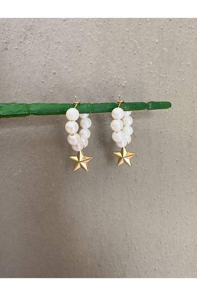 Atelier Çağla Pearls Hoop Star Earrings