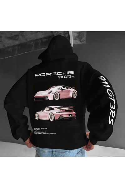 Combineman35 Men's Black Porsche Printed Oversize Hooded Sweatshirt