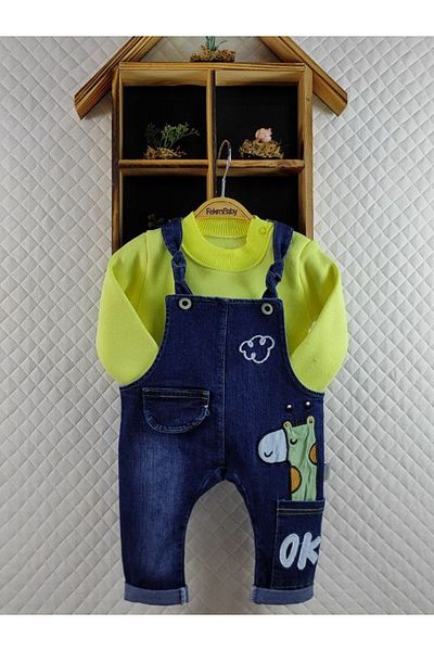 FEKRA BABY Giraffe Patterned Buttoned Denim Jumpsuit Long Sleeve Fleece Sweater 2-Piece Baby Girl Salopet Set