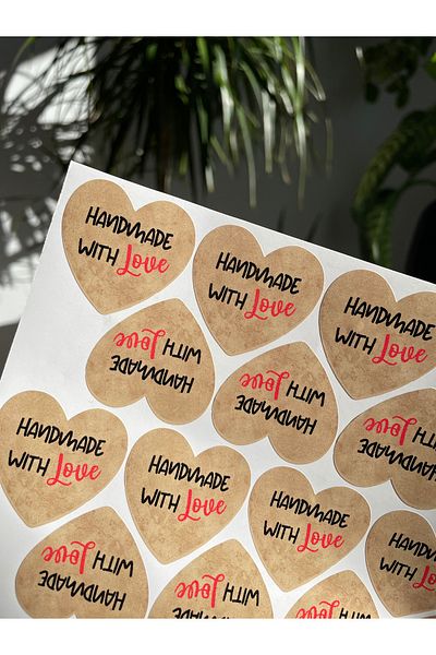 Hayal.kirtasiyesi Handmade with love heart cut 4 cm 45 pieces kraft appearance sticker, handmade label, custom cut