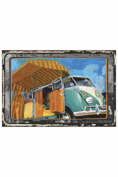 Hayat Poster Ρετρό ξύλινη αφίσα - Vosvos Wan Camping on the Beach, Classic No...