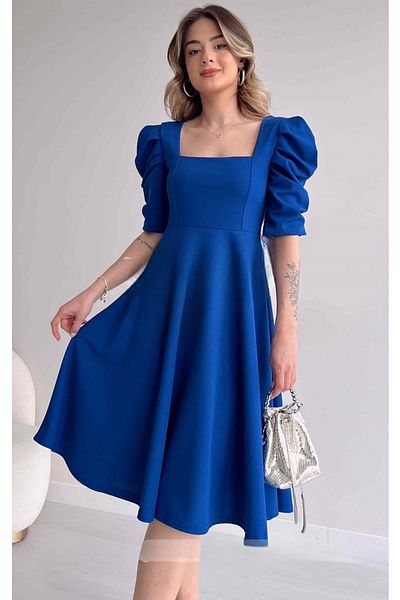 bayansepeti Women's Design Crepe Fabric Square Neck Short Sleeve Midi Size Saks Blue Evening Dress 080