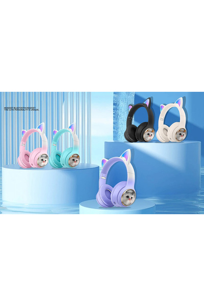 Coverzone Bluetooth Kulaklık Peluş Kedi Tasarımlı Kablosuz Kulak Üstü Kulaklık Kulakları Işıklı