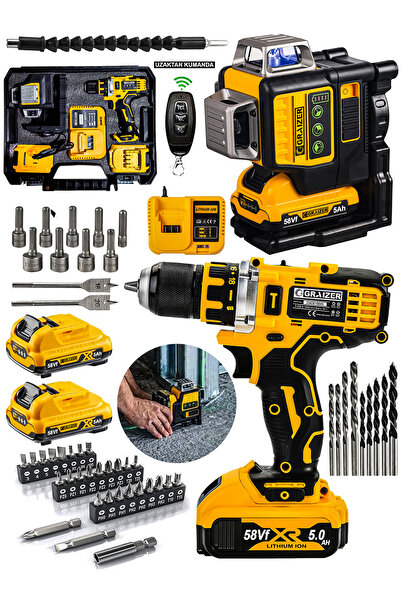 Graizer Alman 2"li Set 58 Vf Tek 12 Köşe Otomatik Hizalama Lazer Akülü Şarjlı Vidalama