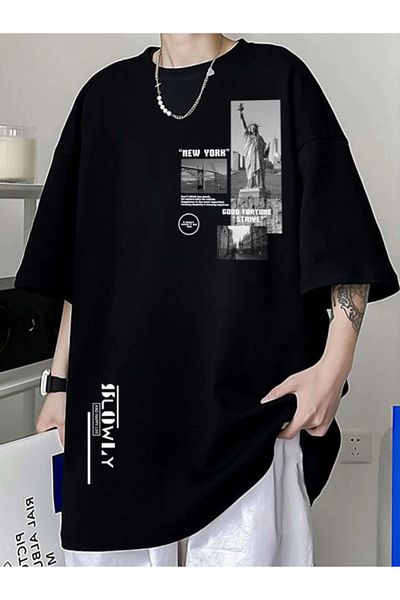 Revasser Unisex γυναικείο/ανδρικό μπλουζάκι Νέας Υόρκης πολύχρωμο με στάμπα, Oversize, χτενισμένο βαμβακερό μπλουζάκι