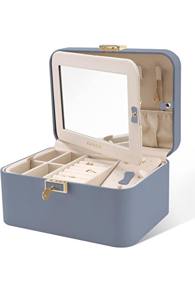 Genetic صندوق مجوهرات مع مرآة، صندوق مجوهرات كبير للنساء، مع قفل ومفتاح