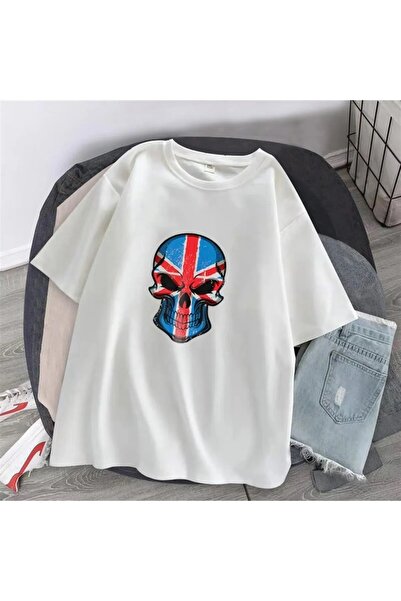 Le Savu Uk Flag Skull cu imprimeu Culoare albă Unisex supradimensionat tricou...