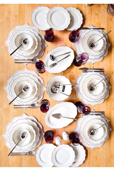 CASA DE BELLA Gümüş Şeritli 12 Kişilik 56 Parça Bone China Yemek Takımı