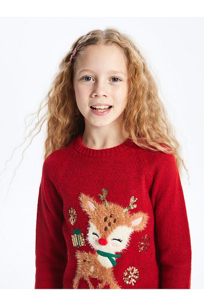 LC Waikiki New Year's Themed - Long Sleeve Crew Neck Girls' Knitwear Sweater