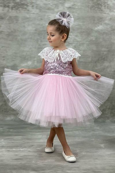ABİYEKİDS Lace Collar Detailed Sequin Red Dusty Pink Children's Evening Dress 23 April Performance Dress