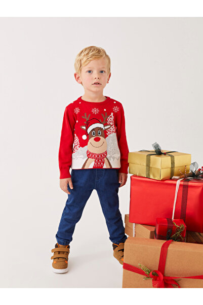 LC Waikiki Chlapecký pletený svetr s novoročním motivem - výstřih, dlouhý rukáv