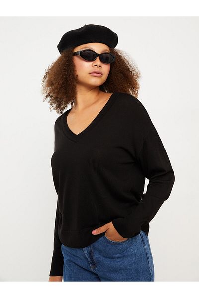 LC Waikiki Women's Knitwear Sweater - V-Neck, Solid, Long Sleeve