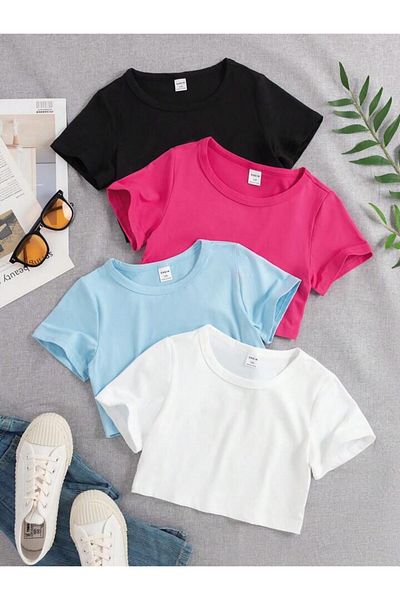 Keywest Set de 4 culori uni pentru copii, tricou crop