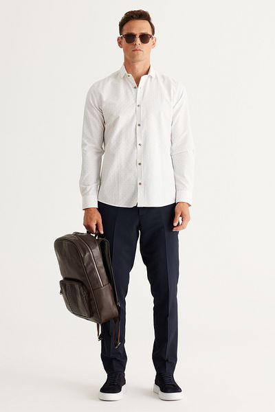 ALTINYILDIZ CLASSICS Ανδρικό βαμβακερό πουκάμισο Oxford White-Khaki με λεπτή εφαρμογή με ιταλικό γιακά