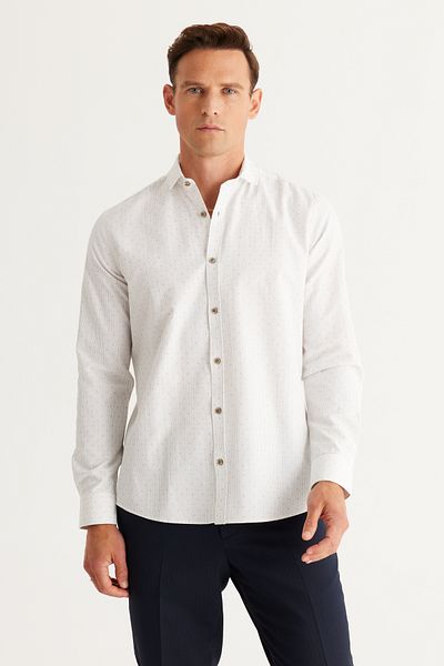 ALTINYILDIZ CLASSICS Ανδρικό βαμβακερό πουκάμισο Oxford White-Khaki με λεπτή εφαρμογή με ιταλικό γιακά