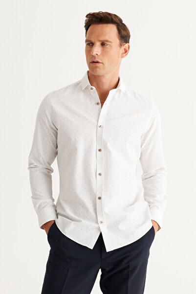 ALTINYILDIZ CLASSICS Erkek Beyaz-Haki Pamuklu Oxford Nefes Alan Slim Fit Dar Kesim İtalyan Yaka Baskılı Gömlek