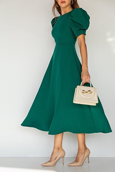 vuvutasarım Stretchy Crepe Fabric Balloon Sleeve Round Neck Midi Length Flared Green Dress 092