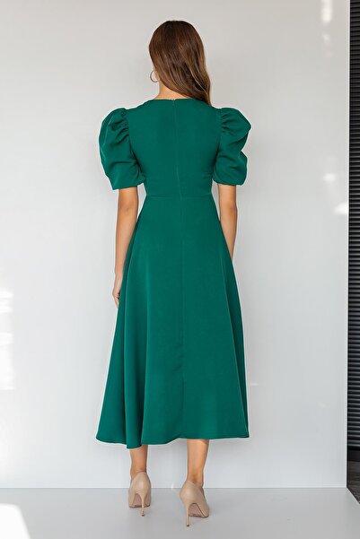 vuvutasarım Stretchy Crepe Fabric Balloon Sleeve Round Neck Midi Length Flared Green Dress 092