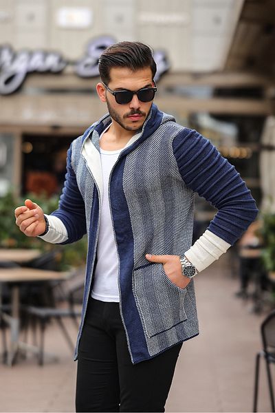 Valiberta Men's Indigo Sleeve Patterned Poncho Cardigan