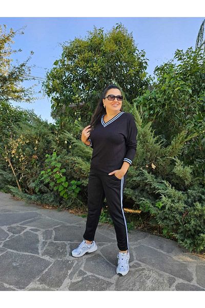 BİrHoşButik Large Size Lycra Bottom Two Thread Top Imported Vıskon Fabric Sweat Resistant Long Ribbed Tracksuit Set