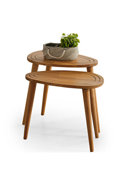 FAVdecor Sweet Masif Doğal Ahşap Zigon Sehpa 2'li Set, Modern Masif Yan Sehpa