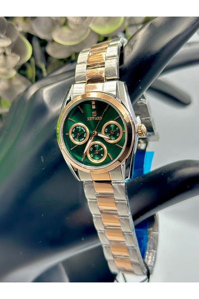 Reward Brand Gold-Green Color Stylish Women's Wristwatch with Steel Band