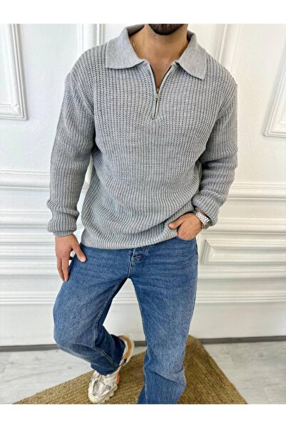 elkumoda سترة محبوكة كبيرة الحجم من القطن الطبيعي بسحاب ورقبة بولو